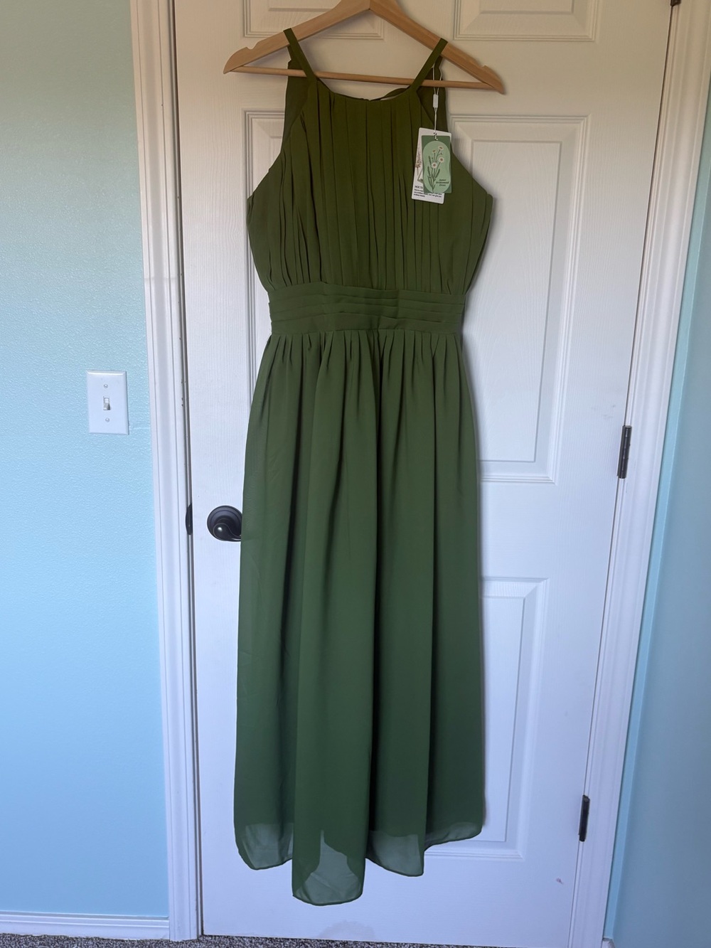 Pleated Olive Green Maxi Dress with Spaghetti Straps